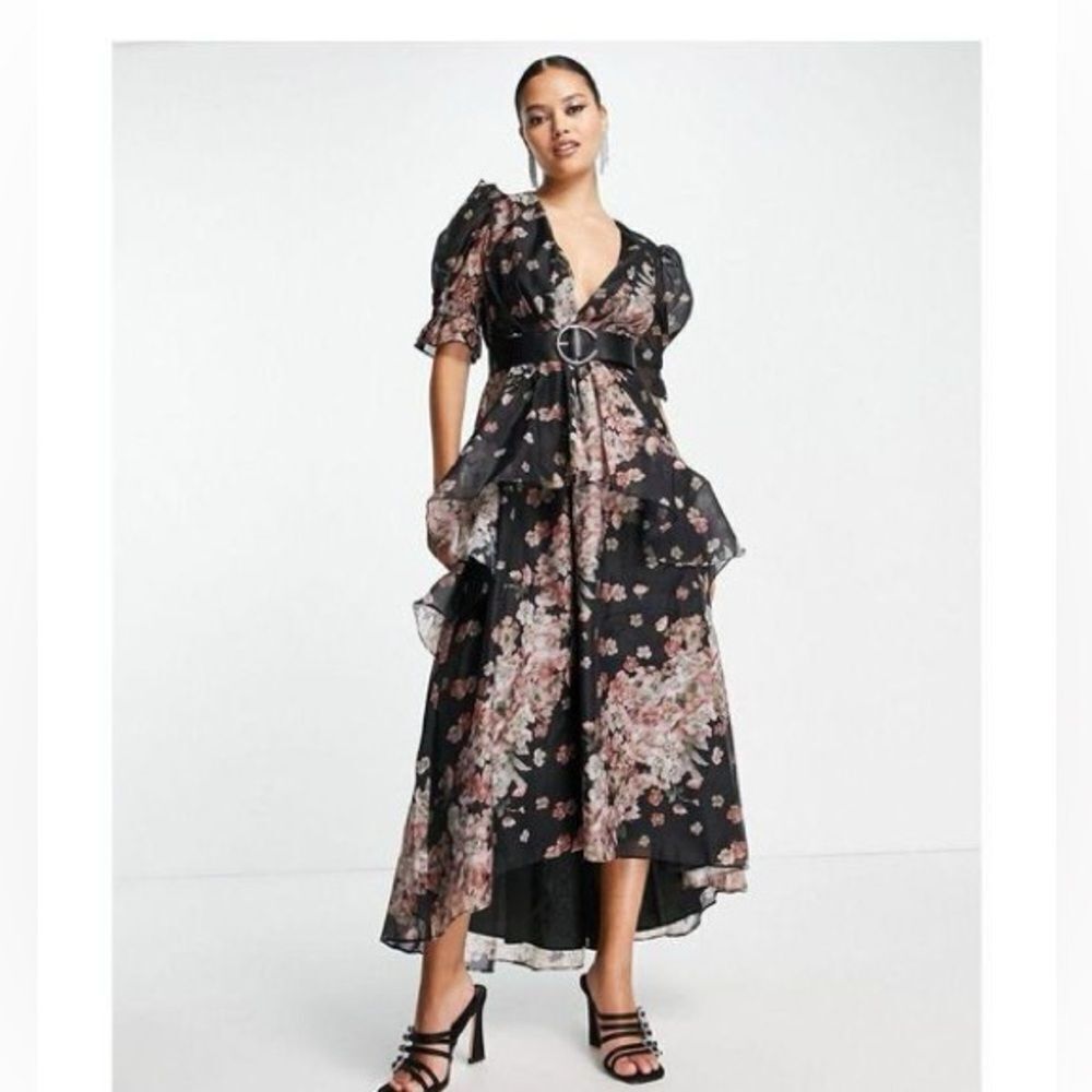ASOS DESIGN dark sleeve voile midi tea dress with puff sleeves - Picture 5 of 7